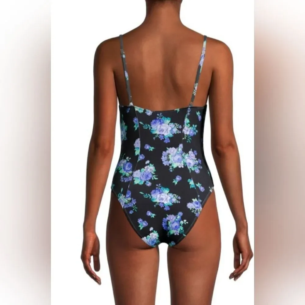 WeWoreWhat Floral Underwire One-Piece Swimsuit NWOT size Small black/purple